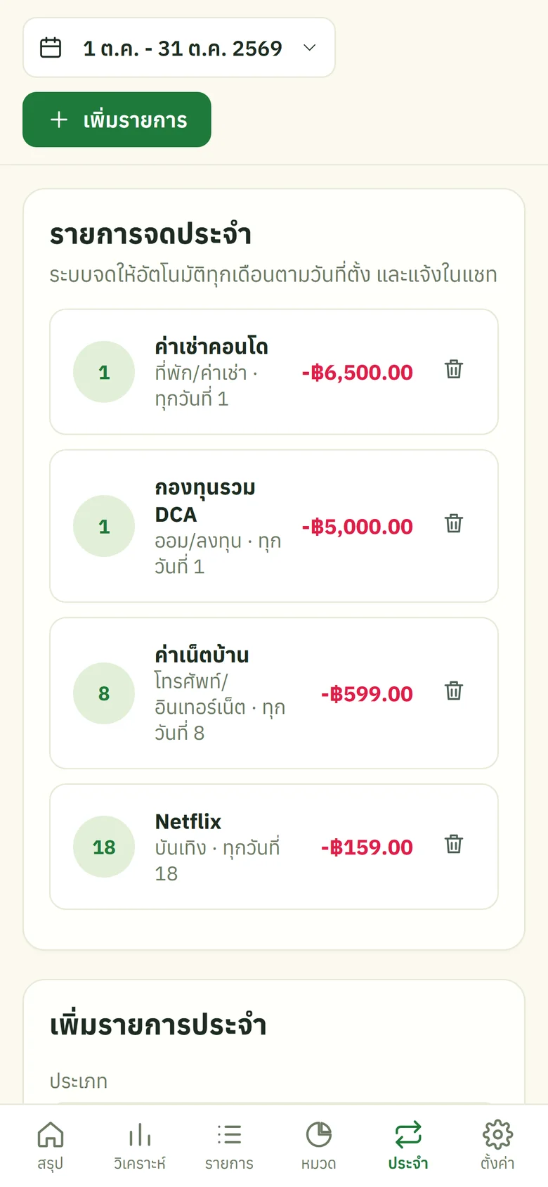 หน้ารายการจดประจำบนมือถือ